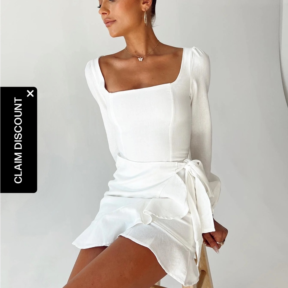 Princess Polly White Square-Neck Long Sleeve Wrap Mini Dress